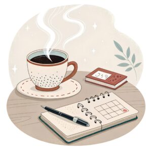 a steaming cup of coffee and some stationeries on a table